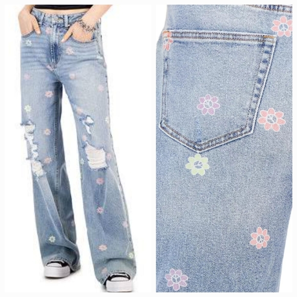 Tinseltown Denim - Tinseltown Juniors' Floral-Peace-Print Wide-Leg Jeans Size 5